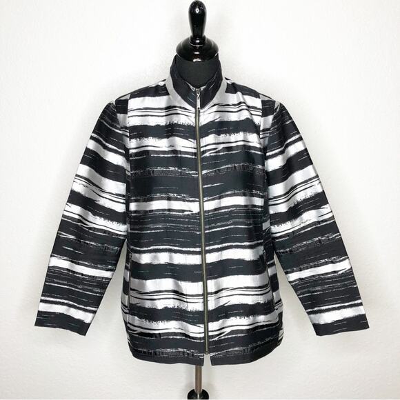 Misook black silver metallic abstract stripe full zip jacket size Large - Picture 1 of 14